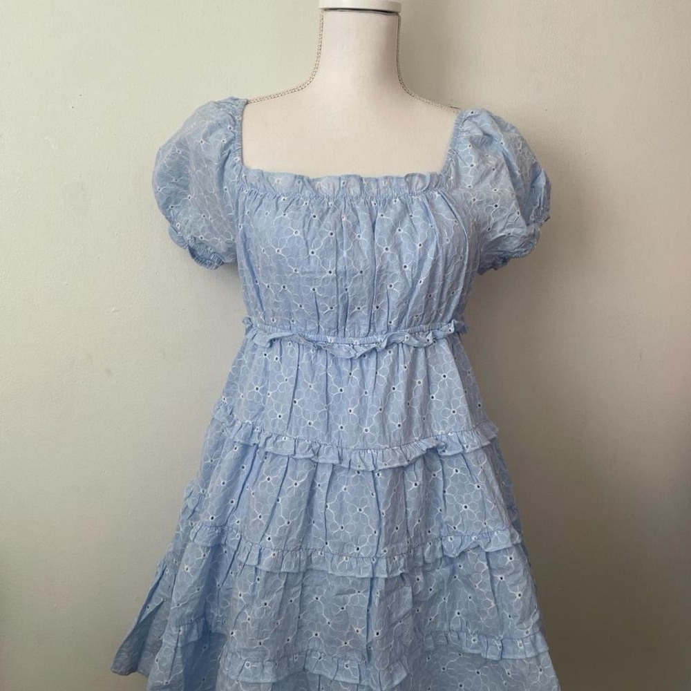 Altar'd State Blue Ruched Puff Sleeve Sundress